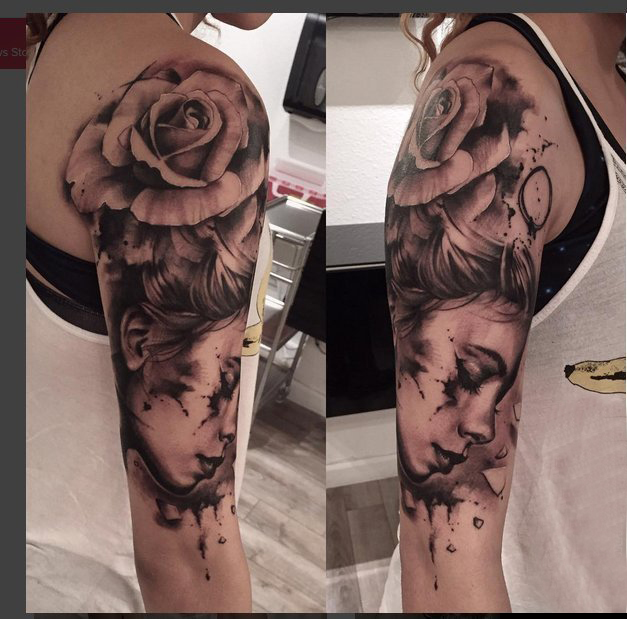 点击大图看下一张：女生手臂上黑灰素描点刺技巧创意唯美花朵女生肖像纹身图片