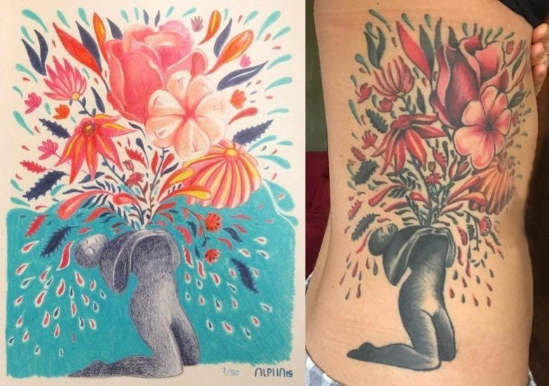 点击大图看下一张：女生侧腰上彩绘渐变简单线条植物花朵和人物纹身图片