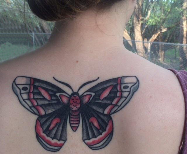 点击大图看下一张：女生后背上彩绘几何简单线条小动物蝴蝶纹身图片