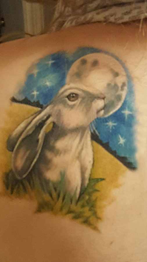 点击大图看下一张：女生后背上彩绘渐变简单线条月亮和小动物兔子纹身图片
