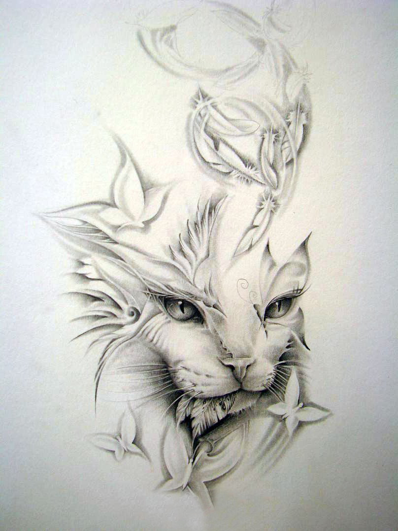 点击大图看下一张：黑灰素描创意文艺唯美可爱猫咪纹身手稿