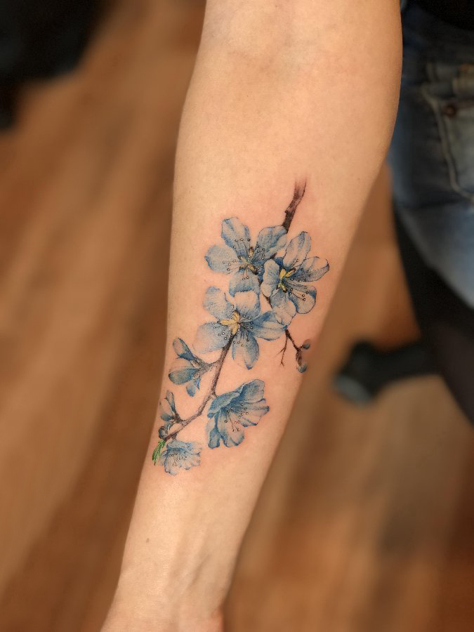 点击大图看下一张：男生手臂上蓝色渐变简单线条小清新植物花朵纹身图片