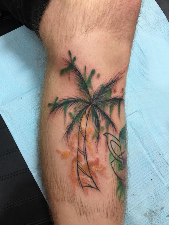 点击大图看下一张：男生小腿上彩绘渐变简单线条植物椰树纹身图片