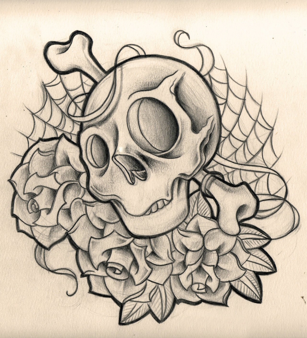 点击大图看下一张：黑灰素描点刺技巧文艺花朵恐怖骷髅纹身手稿