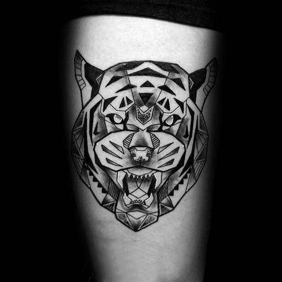 点击大图看下一张：多款黑色线条素描点刺技巧几何元素霸气老虎动物纹身图案