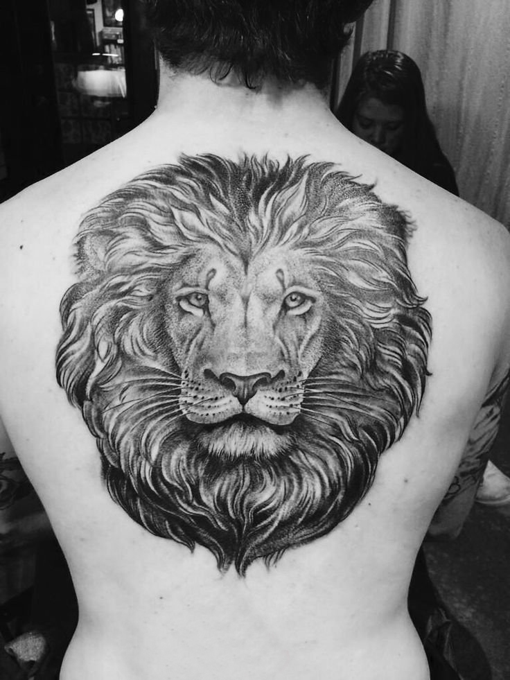 点击大图看下一张：男生背部黑灰素描点刺技巧大面积霸气狮子动物纹身图片