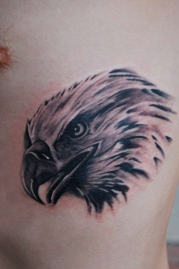 点击大图看下一张：男生侧腰上黑灰素描点刺技巧霸气老鹰动物纹身图片