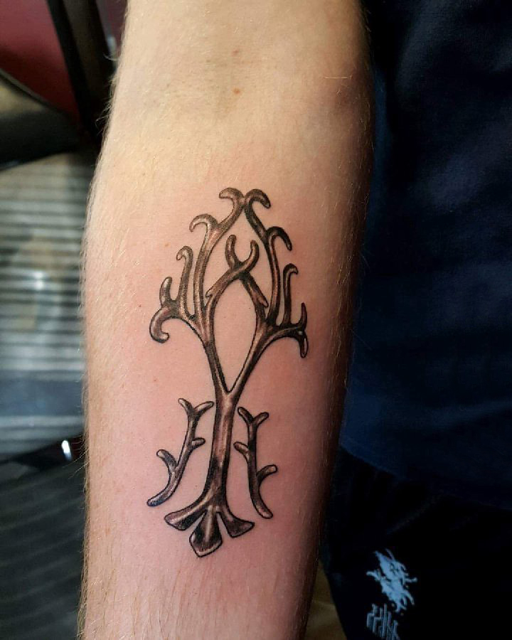 点击大图看下一张：男生手臂上黑色点刺简单抽象线条植物树枝纹身图片