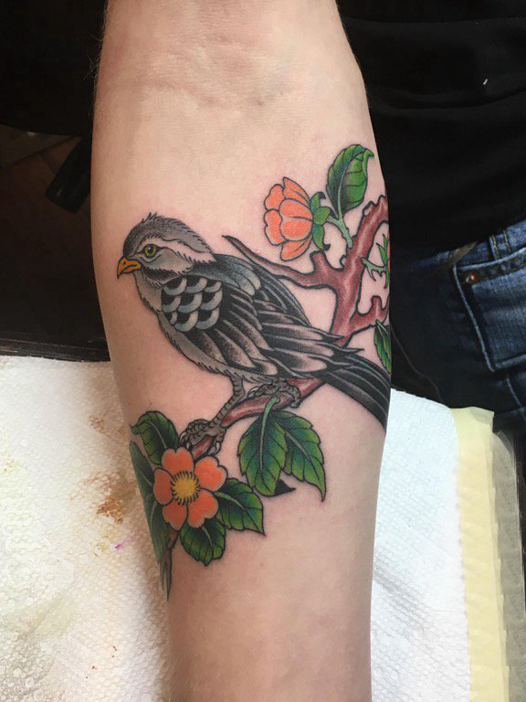 点击大图看下一张：女生手臂上彩绘水彩素描文艺可爱小鸟动物纹身图片