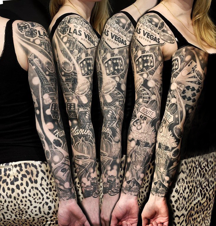 点击大图看下一张：女生手臂上黑灰素描点刺技巧霸气花臂纹身图片