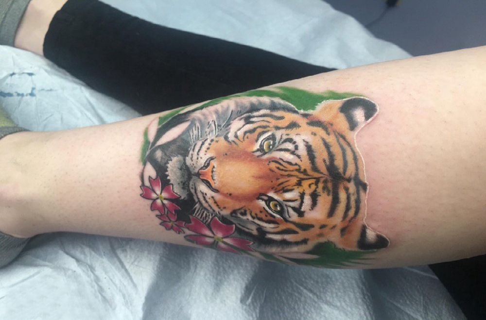 点击大图看下一张：女生小腿上彩绘水彩素描霸气经典老虎动物纹身图片