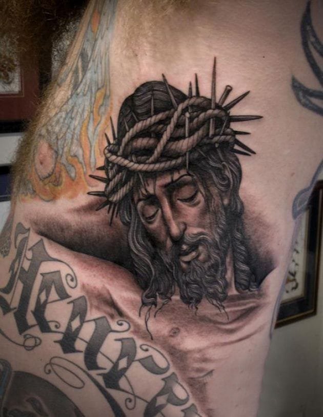 点击大图看下一张：多款黑灰素描点刺技巧霸气经典宗教人物纹身图案