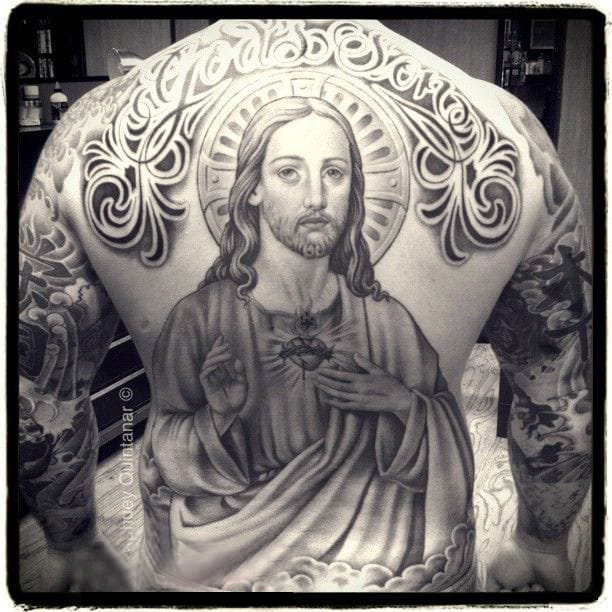 点击大图看下一张：多款黑灰素描点刺技巧霸气经典宗教人物纹身图案