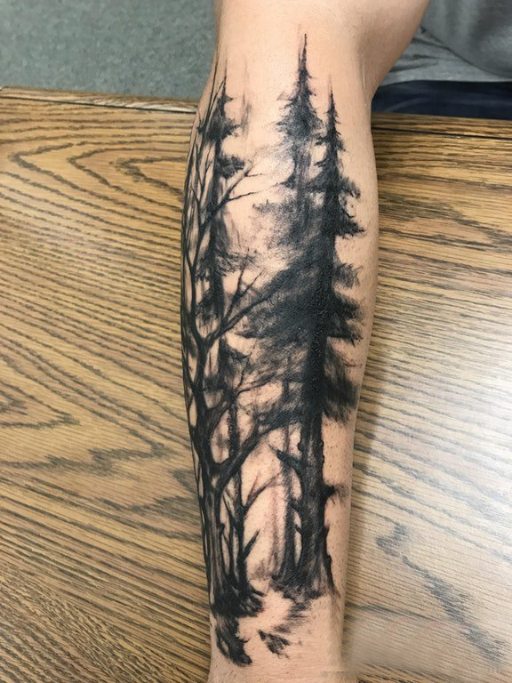 点击大图看下一张：男生手臂上黑色水墨点刺技巧抽象线条植物大树纹身图片