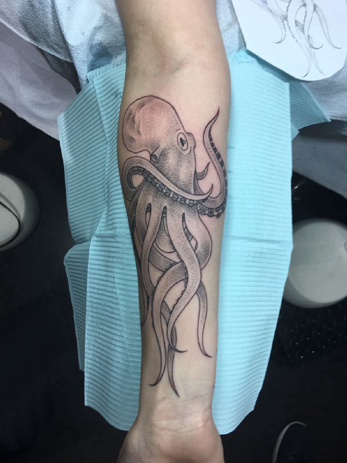 点击大图看下一张：黑色章鱼纹身男生手臂上黑色章鱼纹身图片