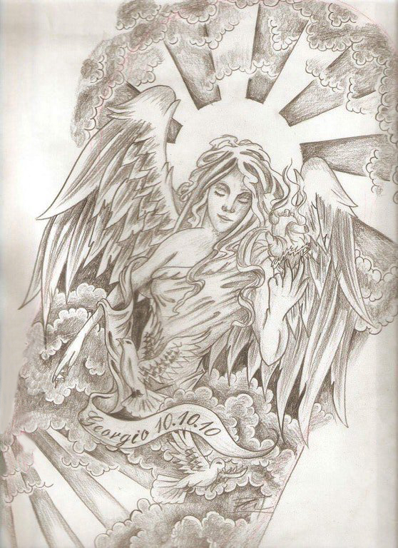 点击大图看下一张：大型天使手稿黑灰的大型天使纹身手稿