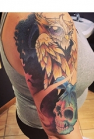 女生大臂上彩绘渐变简单线条骷髅和动物老鹰纹身图片