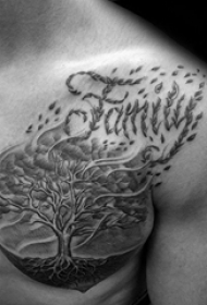 男生胸部黑色点刺简单抽象线条植物大树纹身图片