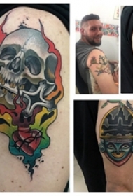 男生手臂上彩绘水彩素描创意恐怖骷髅霸气纹身图片