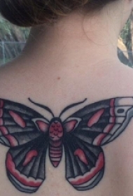 女生后背上彩绘几何简单线条小动物蝴蝶纹身图片