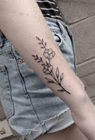 女生手臂上黑灰点刺简单线条小清新植物花朵纹身图片