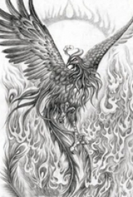 黑灰素描创意霸气火焰展翅凤凰纹身手稿