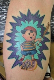 男生手臂上彩绘水彩素描可爱卡通纹身图片