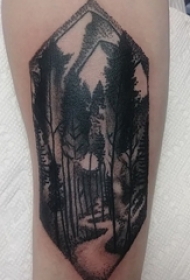 女生小腿上黑灰点刺几何简单线条大树森林风景纹身图片
