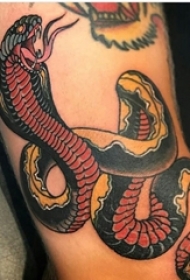 毒蛇纹身男生大腿上彩色的毒蛇纹身图片