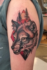 男生手臂上彩绘水彩素描恐怖狼头纹身图片