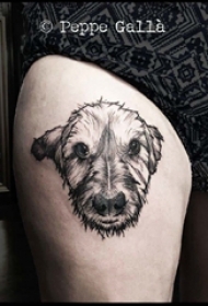 女生大腿上黑色点刺简单线条小动物狗纹身图片
