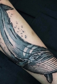 男生手臂上彩绘渐变简单抽象线条小动物鲸鱼纹身图片