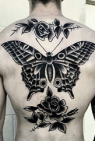 男生背部黑灰素描创意文艺唯美蝴蝶纹身图片