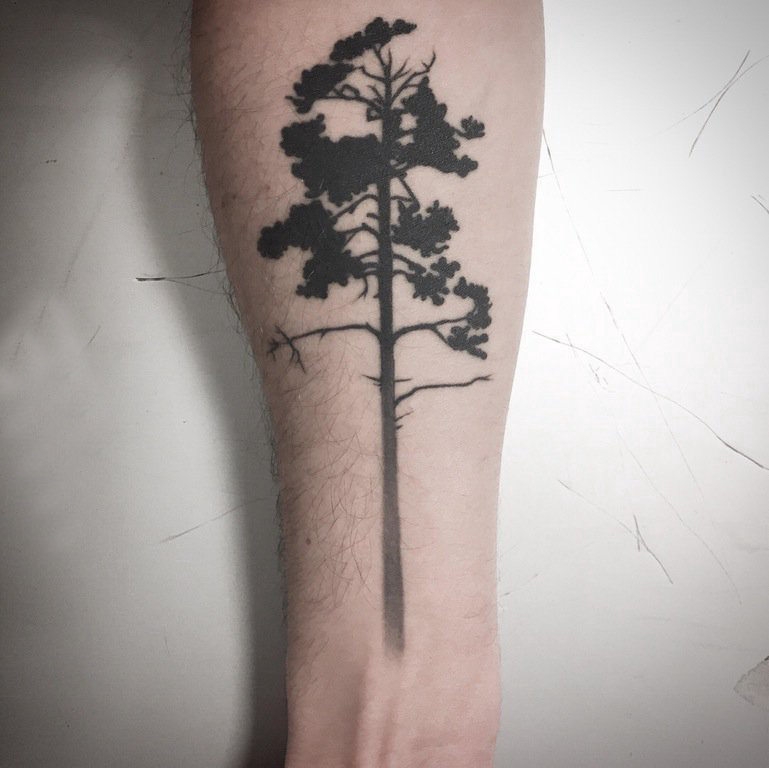 点击大图看下一张：松树纹身 男生手臂上黑色的树纹身图片