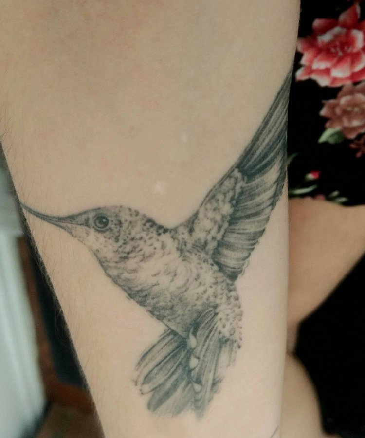 点击大图看下一张：纹身鸟 女生大腿上黑灰的蜂鸟纹身图片