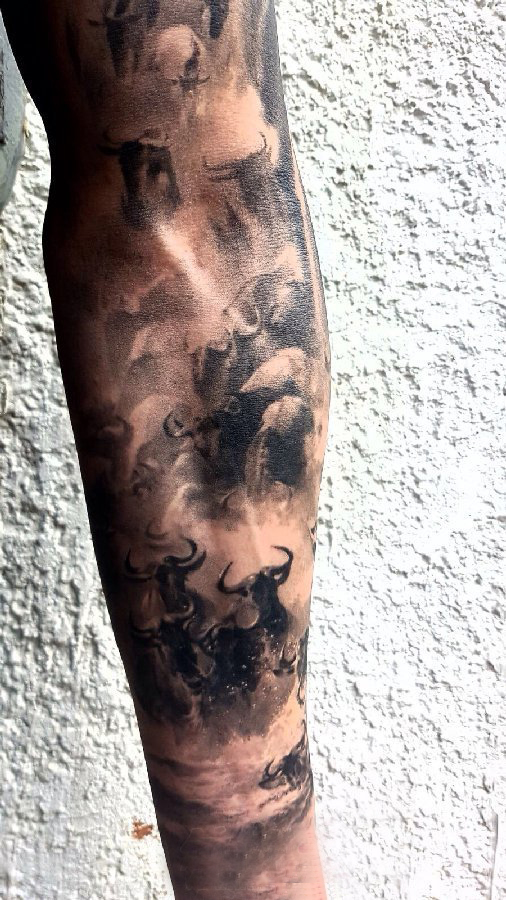 点击大图看下一张：文艺手臂纹身 男生手臂上黑色角马迁徙纹身图片
