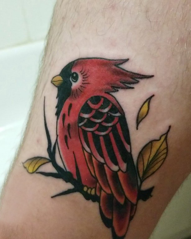 点击大图看下一张：纹身鸟 男生小腿上彩色的小鸟纹身图片