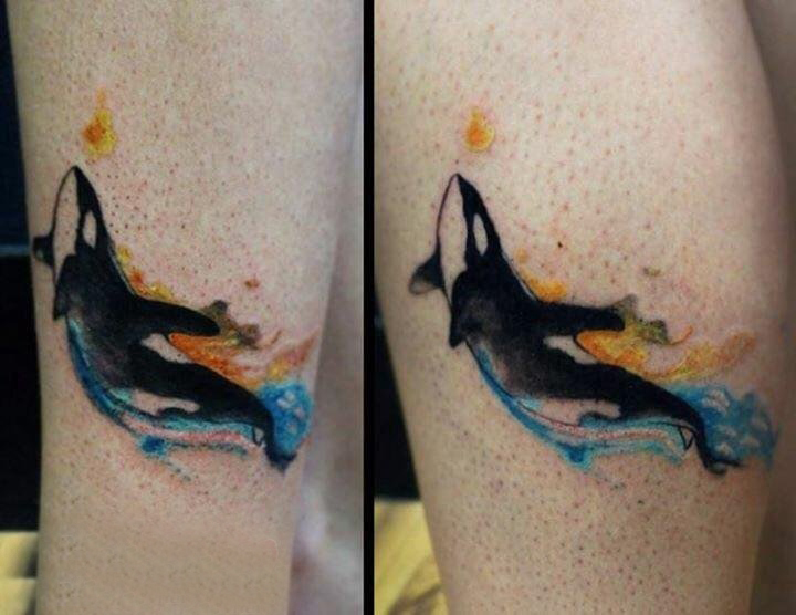 点击大图看下一张：纹身鲸鱼 男生小腿上彩色的鲸鱼纹身图片