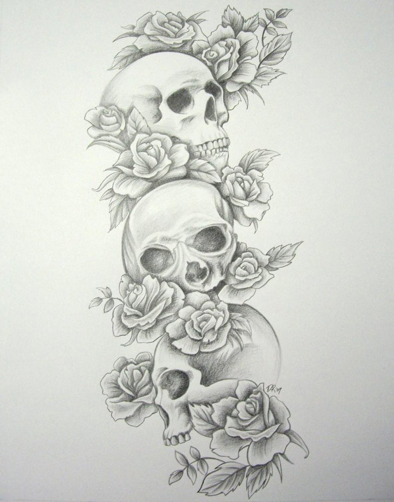 点击大图看下一张：多款黑灰素描点刺技巧文艺唯美花朵霸气骷髅纹身手稿