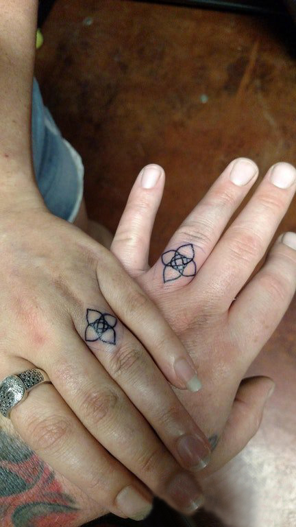 点击大图看下一张：情侣纹身戒指 情侣手指上黑色的戒指纹身图片