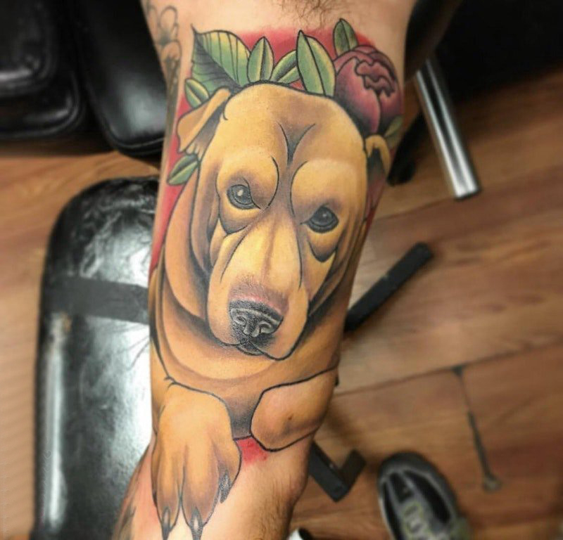 点击大图看下一张：小狗纹身图片 男生手臂上彩色小狗纹身图片