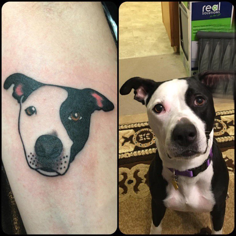 点击大图看下一张：小狗纹身图片 男生小腿上彩色的小狗纹身图片