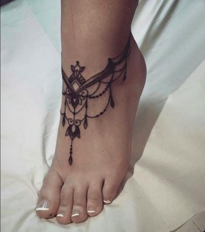 点击大图看下一张：多款女生脚踝上黑色线条文艺小清新唯美纹身图案