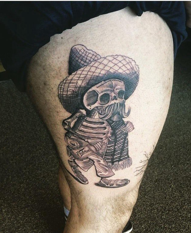 点击大图看下一张：骷髅纹身 男生大腿上黑色的骷髅纹身图片