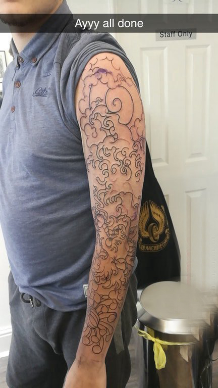 点击大图看下一张：欧美花臂纹身 男生手臂上黑色的花臂纹身图片