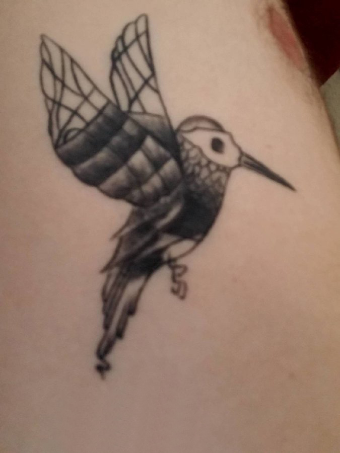 点击大图看下一张：纹身鸟 男生大腿上黑色的蜂鸟纹身图片
