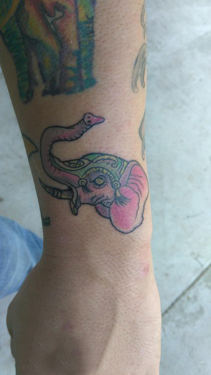 点击大图看下一张：大象纹身 男生手臂上彩色的大象纹身图片
