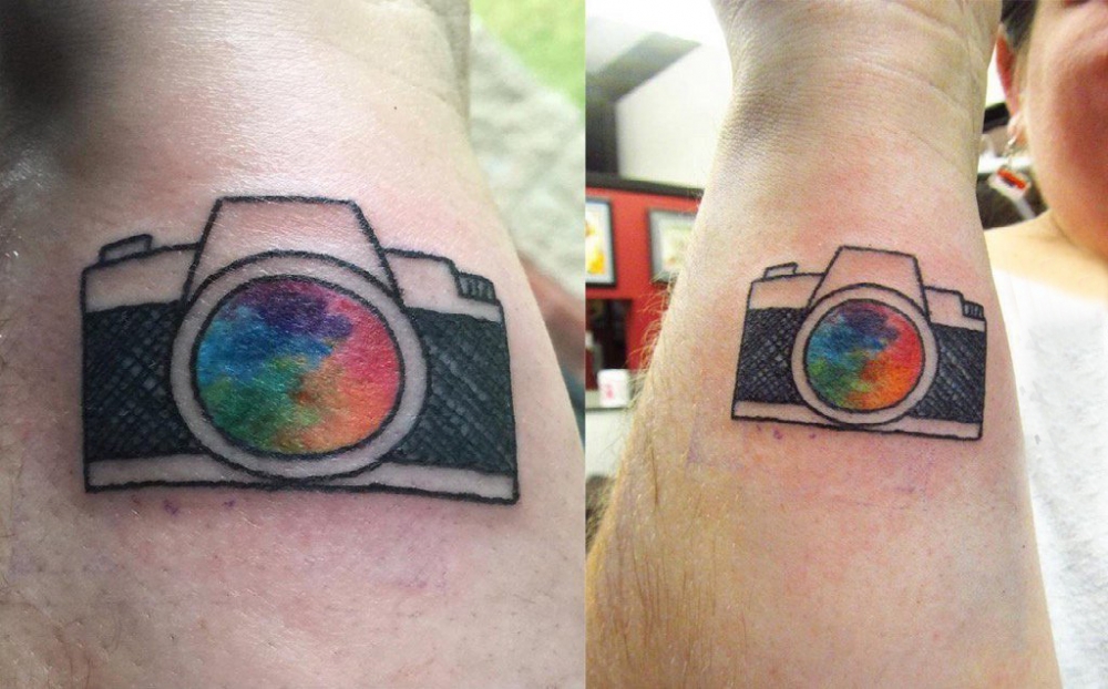 点击大图看下一张：手臂纹身素材 男生手臂上彩色的照相机纹身图片
