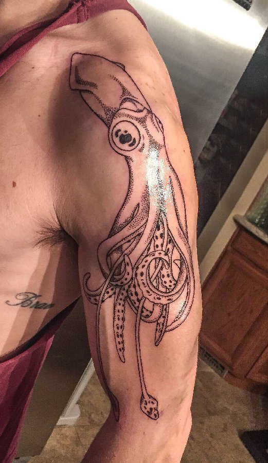 点击大图看下一张：百乐动物纹身 男生手臂上黑色的鱿鱼纹身图片