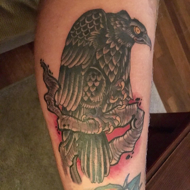 点击大图看下一张：百乐动物纹身 男生小腿上彩色的秃鹰纹身图片
